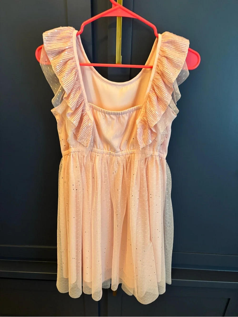 Girls Pink Sparkle Ruffle Neck Dress